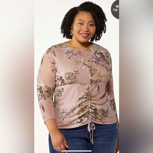 NWT Cato Blouse with Mesh Sleeve and Ruched Front Detail